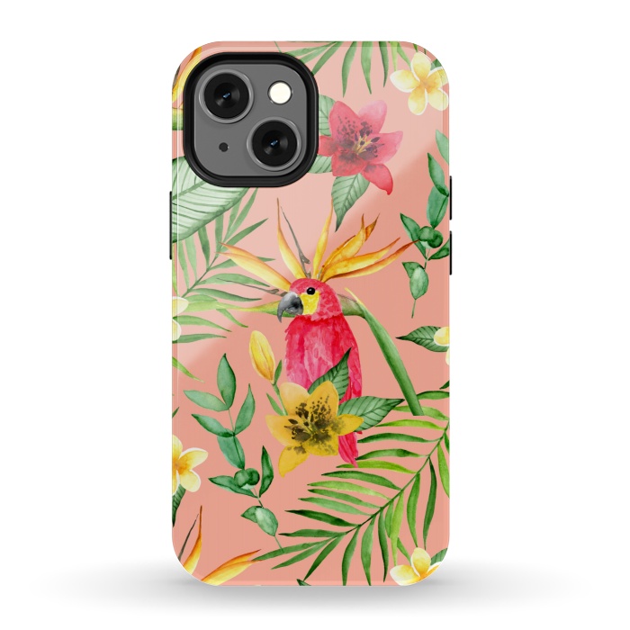 iPhone 13 mini StrongFit Red parrot and tropical leaves by Julia Badeeva