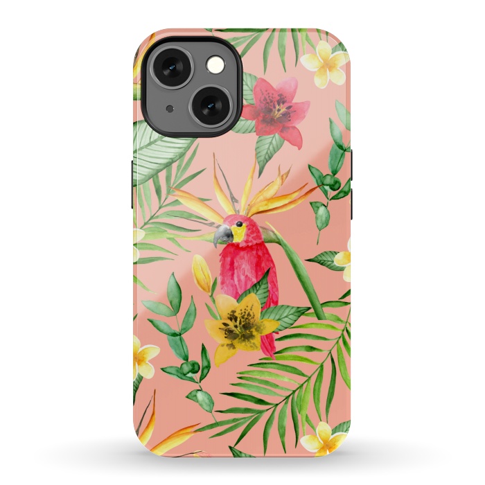iPhone 13 StrongFit Red parrot and tropical leaves by Julia Badeeva