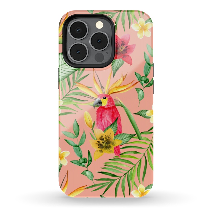 iPhone 13 pro StrongFit Red parrot and tropical leaves by Julia Badeeva