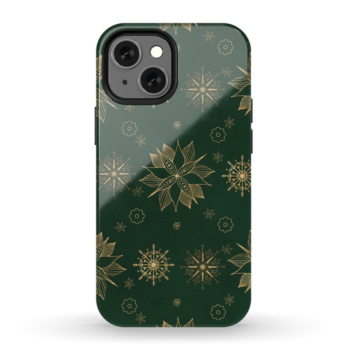 iPhone 13 mini StrongFit Elegant Gold Green Poinsettias Snowflakes Winter Design by InovArts