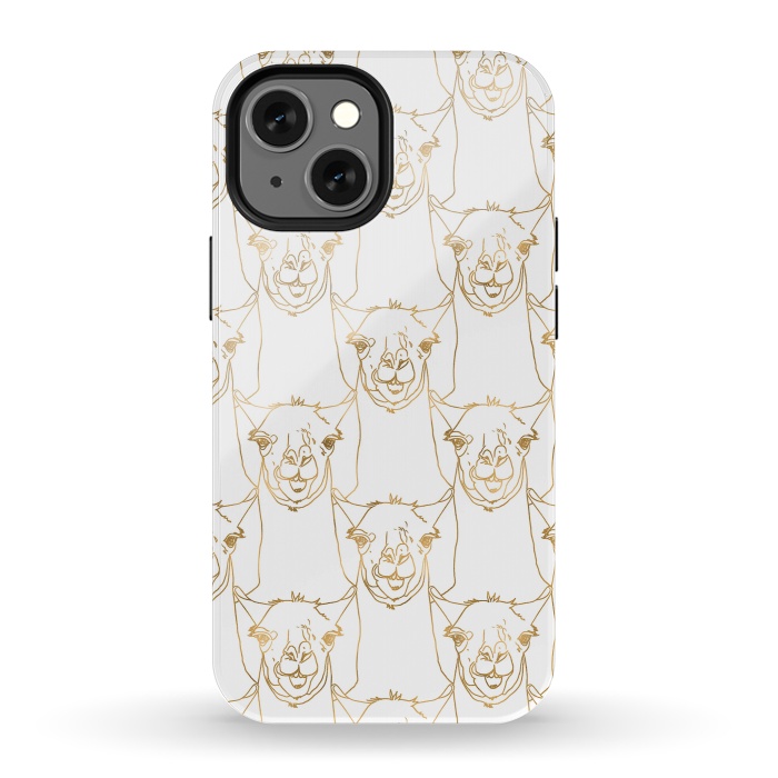 iPhone 13 mini StrongFit Cute Gold Strokes Llama Animal White Pattern by InovArts