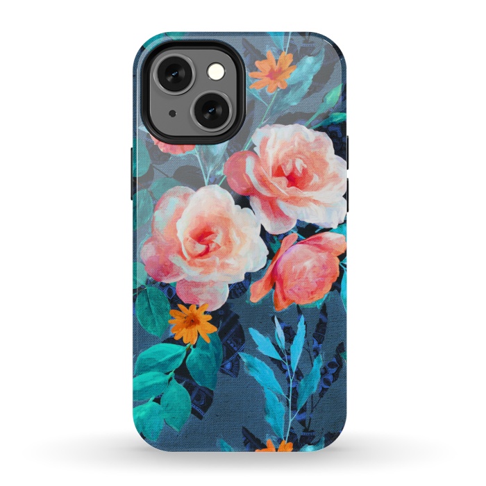 iPhone 13 mini StrongFit Retro Rose Chintz in Radiant Coral on Blue by Micklyn Le Feuvre