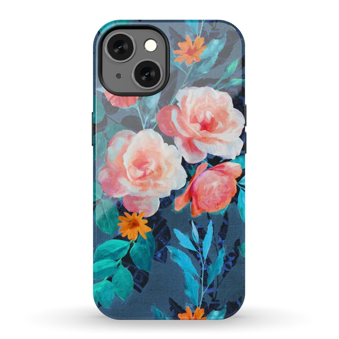 iPhone 13 StrongFit Retro Rose Chintz in Radiant Coral on Blue by Micklyn Le Feuvre