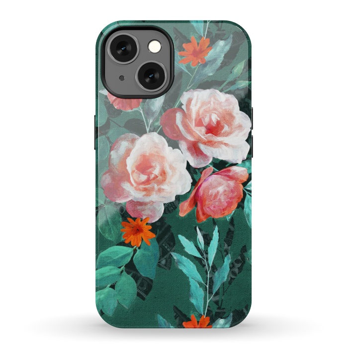 iPhone 13 StrongFit Retro Rose Chintz in Melon Pink on Dark Emerald Green by Micklyn Le Feuvre