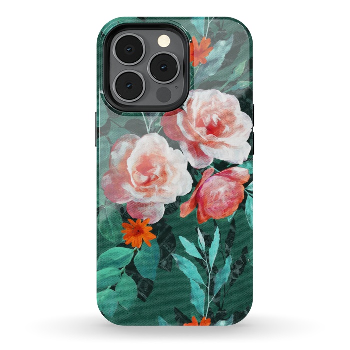 iPhone 13 pro StrongFit Retro Rose Chintz in Melon Pink on Dark Emerald Green by Micklyn Le Feuvre