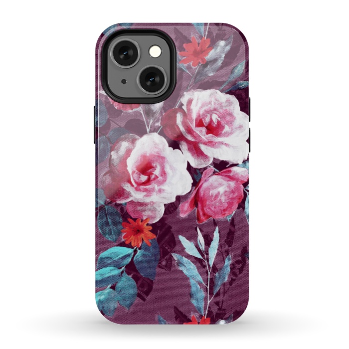 iPhone 13 mini StrongFit Retro Rose Chintz in Magenta and Plum by Micklyn Le Feuvre