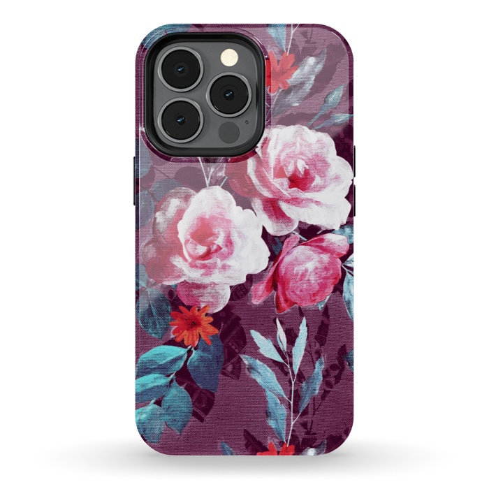 iPhone 13 pro StrongFit Retro Rose Chintz in Magenta and Plum by Micklyn Le Feuvre