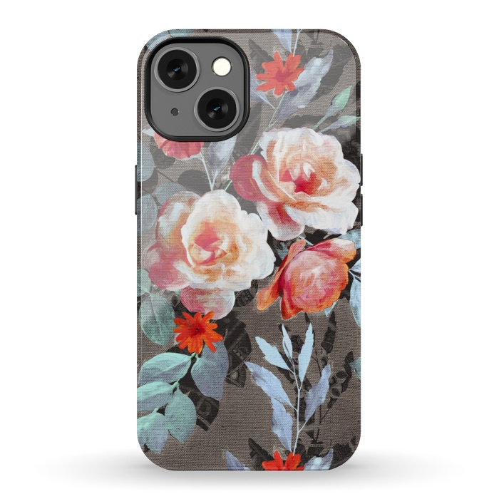 iPhone 13 StrongFit Retro Rose Chintz in Scarlet, Peach, Sage and Grey by Micklyn Le Feuvre