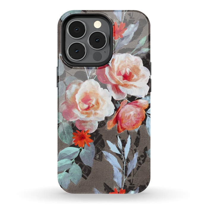 iPhone 13 pro StrongFit Retro Rose Chintz in Scarlet, Peach, Sage and Grey by Micklyn Le Feuvre