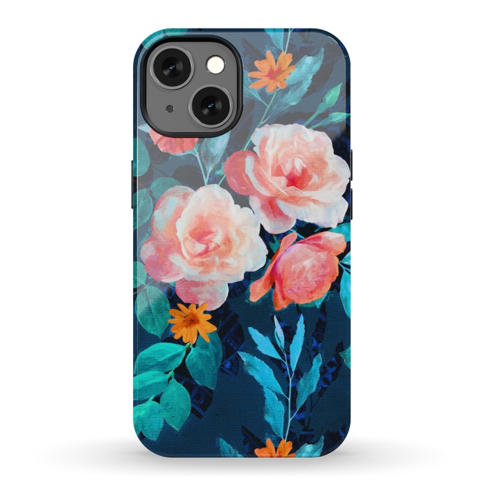 iPhone 13 StrongFit Retro Rose Chintz in Bright Coral and Peach on Indigo Blue by Micklyn Le Feuvre