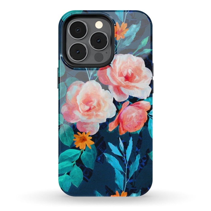 iPhone 13 pro StrongFit Retro Rose Chintz in Bright Coral and Peach on Indigo Blue by Micklyn Le Feuvre