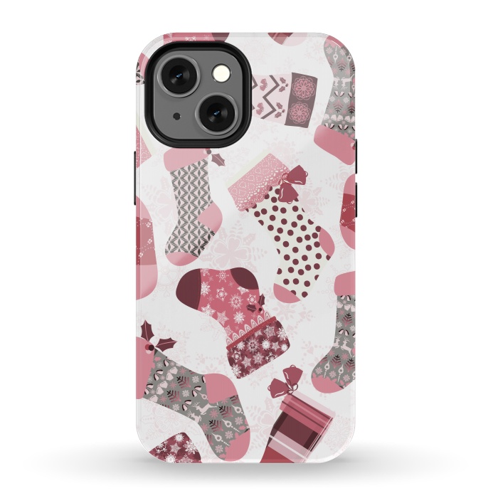 iPhone 13 mini StrongFit Christmas Stockings in Pink and Gray by Paula Ohreen