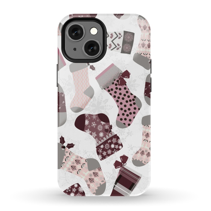 iPhone 13 mini StrongFit Christmas Stockings in Purple and Gray by Paula Ohreen