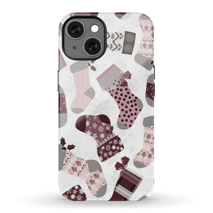 iPhone 13 StrongFit Christmas Stockings in Purple and Gray by Paula Ohreen