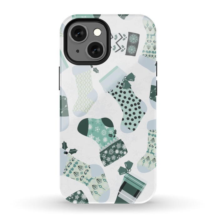iPhone 13 mini StrongFit Christmas Stockings in Green and White by Paula Ohreen