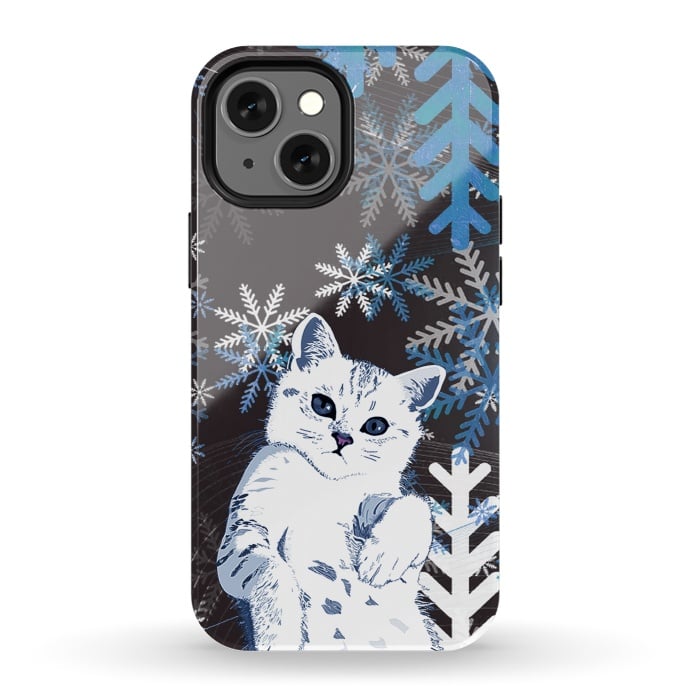 iPhone 13 mini StrongFit Cute kitty with blue metallic snowflakes by Oana 