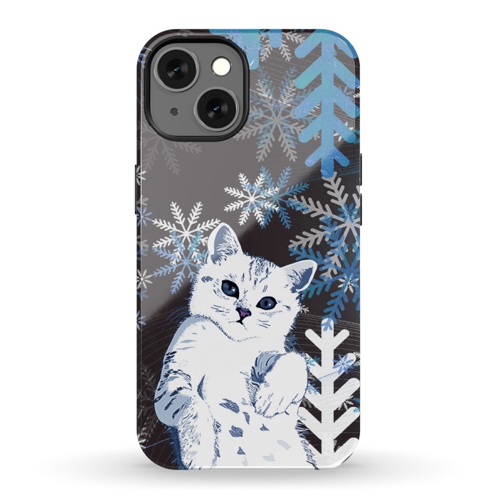 iPhone 13 StrongFit Cute kitty with blue metallic snowflakes by Oana 