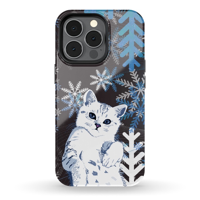iPhone 13 pro StrongFit Cute kitty with blue metallic snowflakes by Oana 