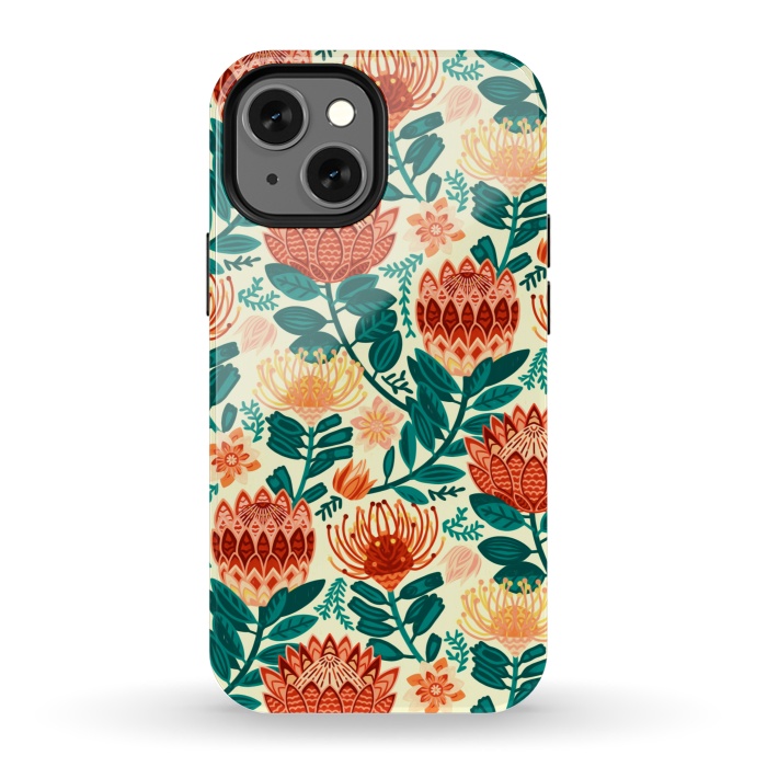 iPhone 13 mini StrongFit Protea Chintz - Orange & Teal  by Tigatiga
