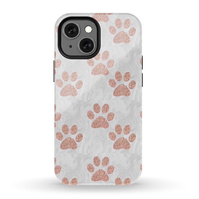 iPhone 13 mini StrongFit Rose Gold Paw Prints on Marble by Julie Erin Designs