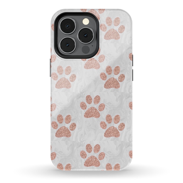 iPhone 13 pro StrongFit Rose Gold Paw Prints on Marble by Julie Erin Designs
