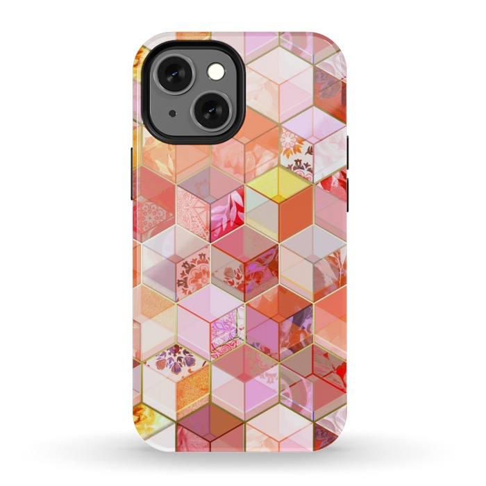 iPhone 13 mini StrongFit Gold and Garnet Kaleidoscope Cubes by Micklyn Le Feuvre