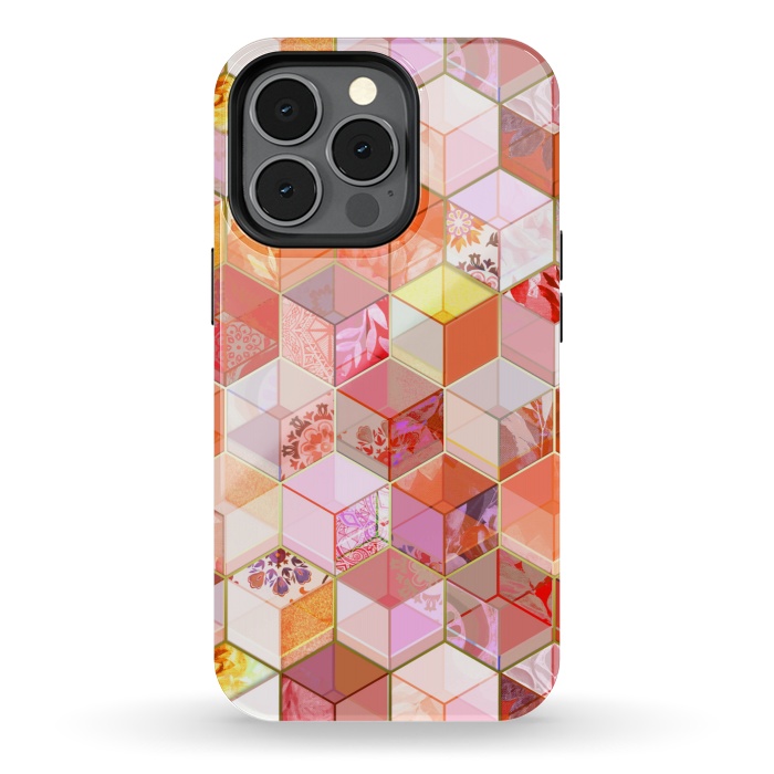 iPhone 13 pro StrongFit Gold and Garnet Kaleidoscope Cubes by Micklyn Le Feuvre