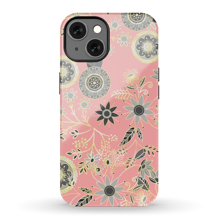 iPhone 13 StrongFit Elegant Gray and Pink Folk Floral Golden Design by InovArts