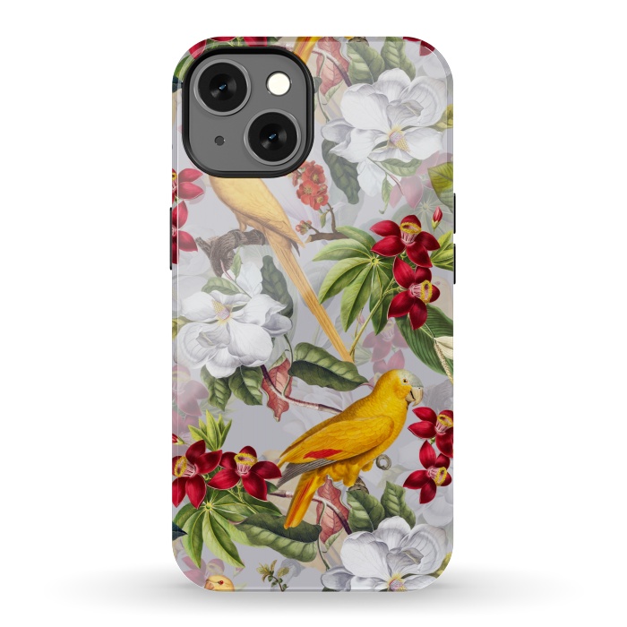 iPhone 13 StrongFit Antique Yellow Parrots in Flower Jungle by  Utart
