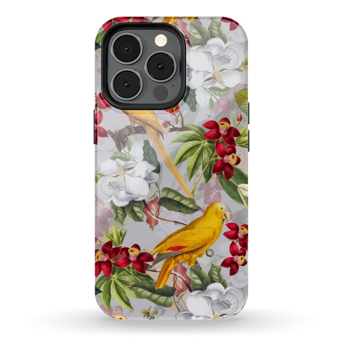 iPhone 13 pro StrongFit Antique Yellow Parrots in Flower Jungle by  Utart