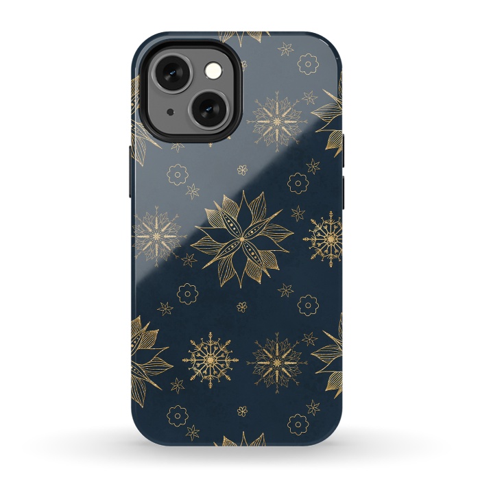 iPhone 13 mini StrongFit Elegant Gold Blue Poinsettias Snowflakes Pattern by InovArts