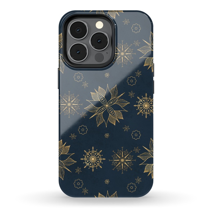 iPhone 13 pro StrongFit Elegant Gold Blue Poinsettias Snowflakes Pattern by InovArts