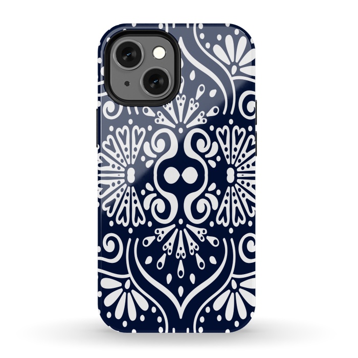 iPhone 13 mini StrongFit BLUE WHITE MANDALA PATTERN by MALLIKA