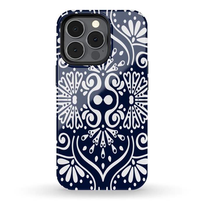 iPhone 13 pro StrongFit BLUE WHITE MANDALA PATTERN by MALLIKA