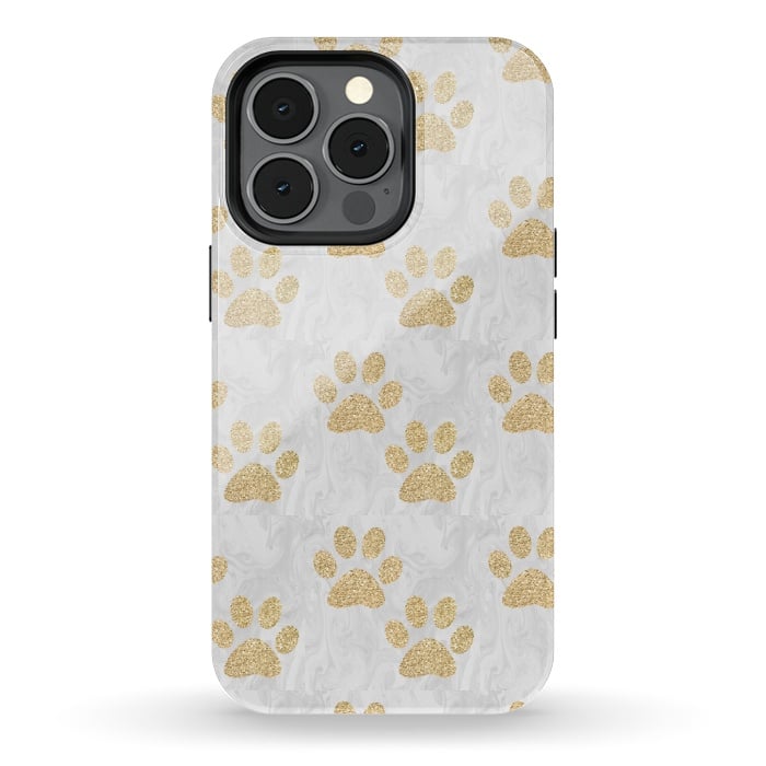 iPhone 13 pro StrongFit Gold Paw Prints on Marble by Julie Erin Designs