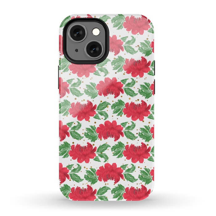iPhone 13 mini StrongFit Watercolor Winter Red Flowers Gold Dots Artwork by InovArts