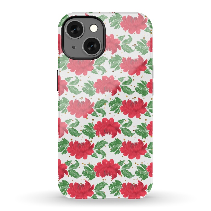 iPhone 13 StrongFit Watercolor Winter Red Flowers Gold Dots Artwork by InovArts