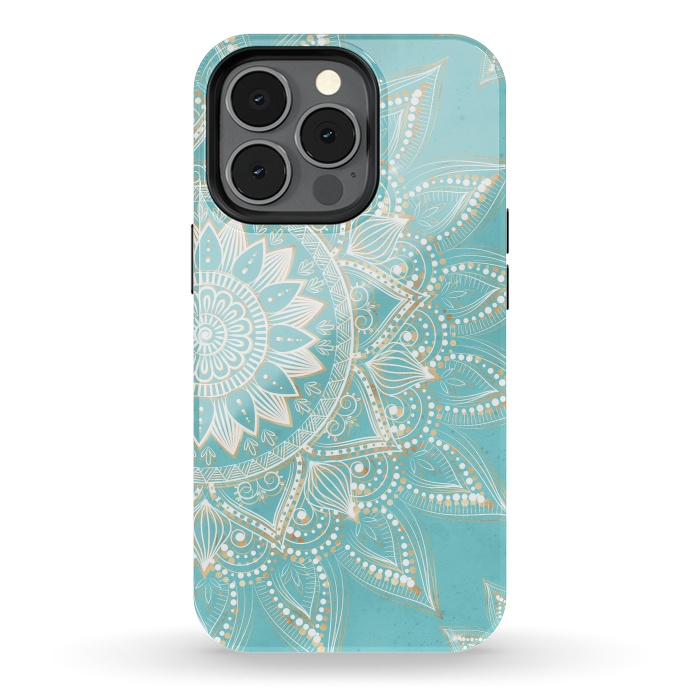 iPhone 13 pro StrongFit Elegant White Gold Mandala Sky Blue Design by InovArts