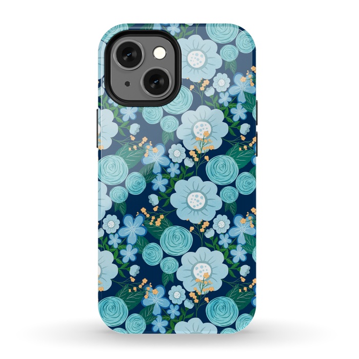 iPhone 13 mini StrongFit Cute Girly Blue Hand Drawn Flowers Pattern by InovArts