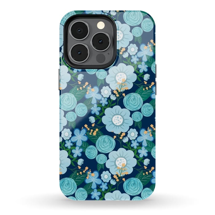iPhone 13 pro StrongFit Cute Girly Blue Hand Drawn Flowers Pattern by InovArts