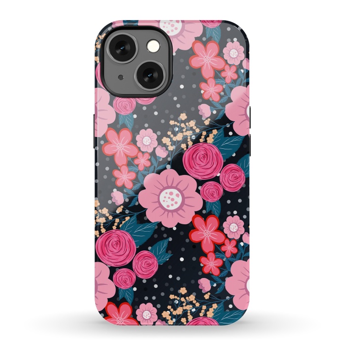 iPhone 13 StrongFit Pretty girly pink Floral Silver Dots Gray design by InovArts