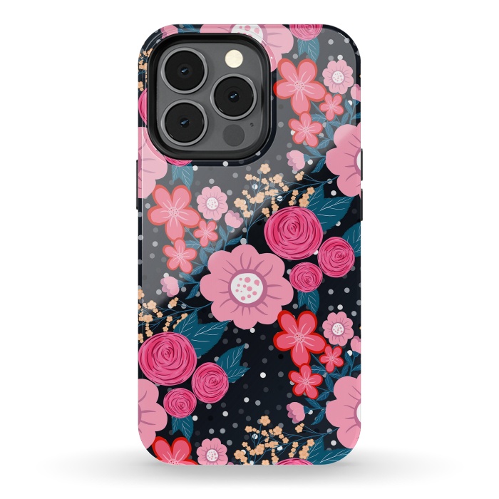 iPhone 13 pro StrongFit Pretty girly pink Floral Silver Dots Gray design by InovArts
