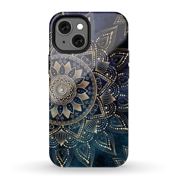 iPhone 13 mini StrongFit Elegant Gold Mandala Blue Galaxy Design by InovArts