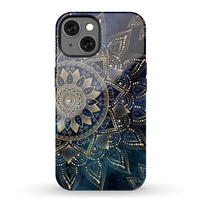 iPhone 13 StrongFit Elegant Gold Mandala Blue Galaxy Design by InovArts