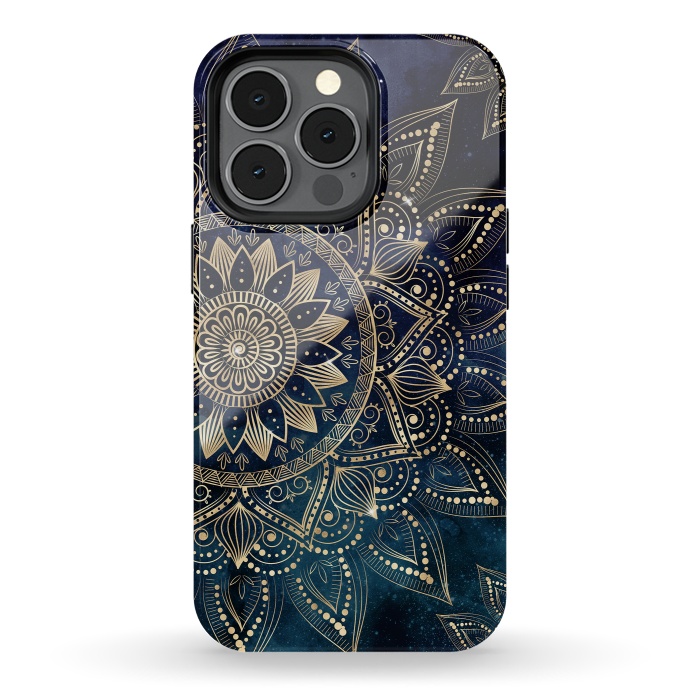 iPhone 13 pro StrongFit Elegant Gold Mandala Blue Galaxy Design by InovArts