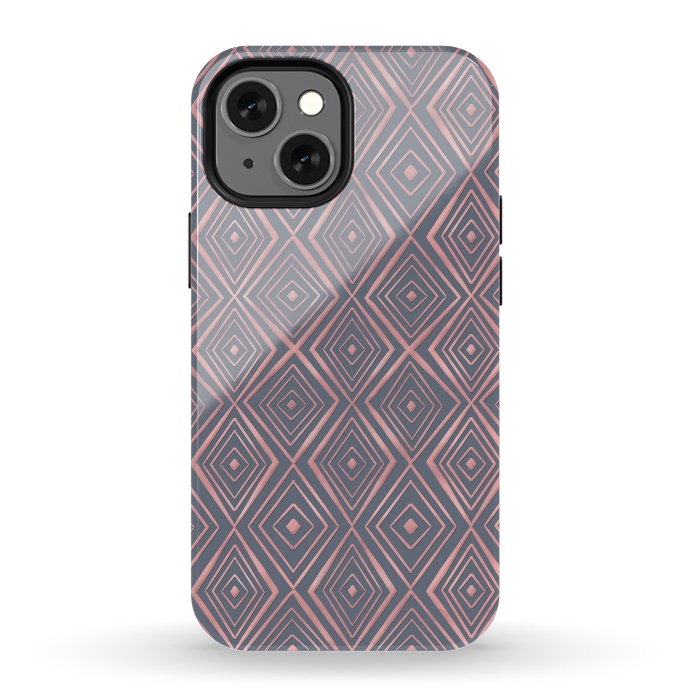 iPhone 13 mini StrongFit Stylish Rose Gold Diamond Shapes Doodles Gray Pattern by InovArts