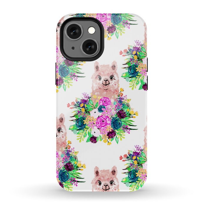 iPhone 13 mini StrongFit Cute Pink Alpaca and Flowers Watercolor paint by InovArts