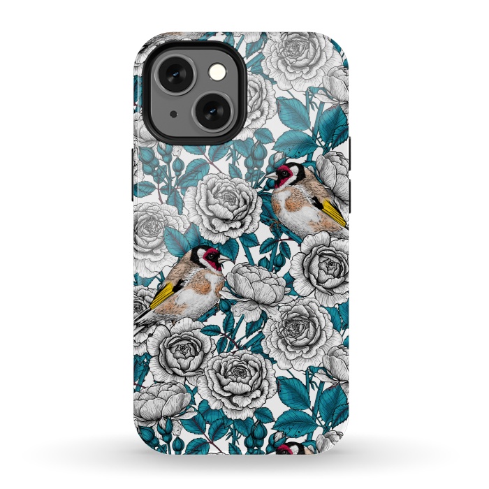 iPhone 13 mini StrongFit White rose flowers and goldfinch birds by Katerina Kirilova