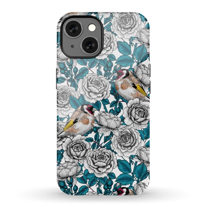 iPhone 13 StrongFit White rose flowers and goldfinch birds by Katerina Kirilova