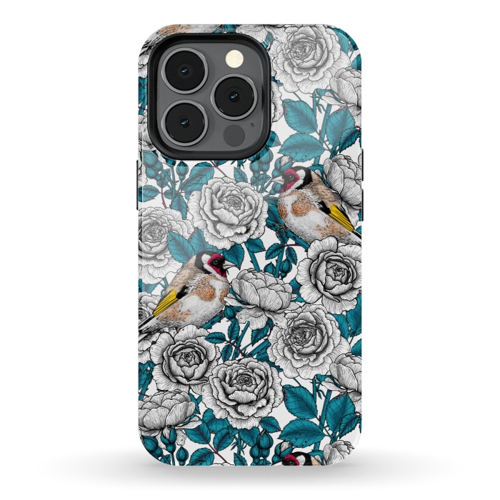 iPhone 13 pro StrongFit White rose flowers and goldfinch birds by Katerina Kirilova